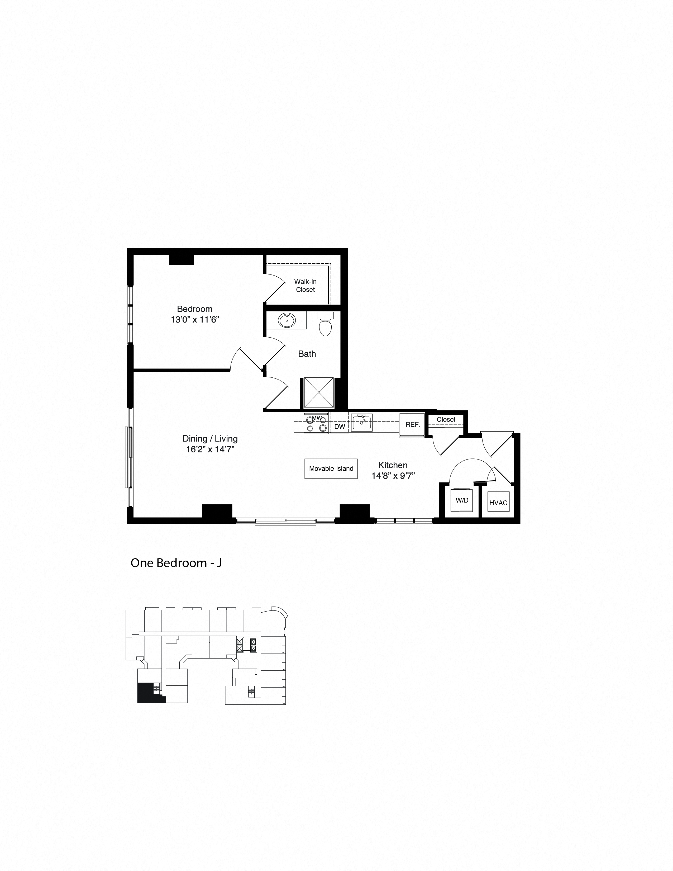 Floor plan for 1 bed, 1 bath, 802 sqft